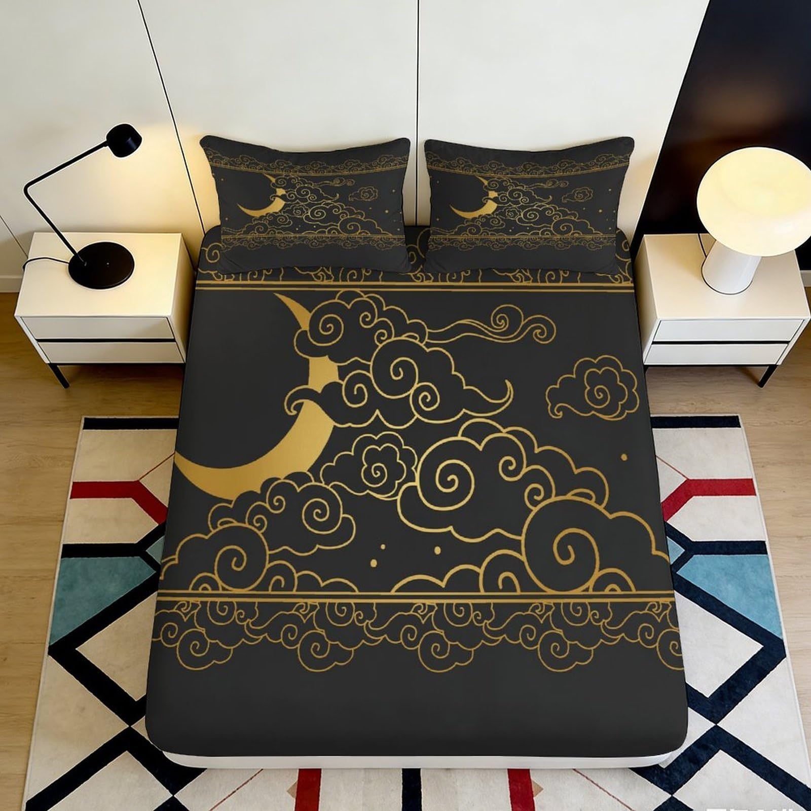 3D Printed Golden Moon Cloud Fitted Sheet Microfiber Soft Breathable Black Bed Cover for Bedroom Dormitory Guest Room Mattress Protection Decor 180x200x25cm