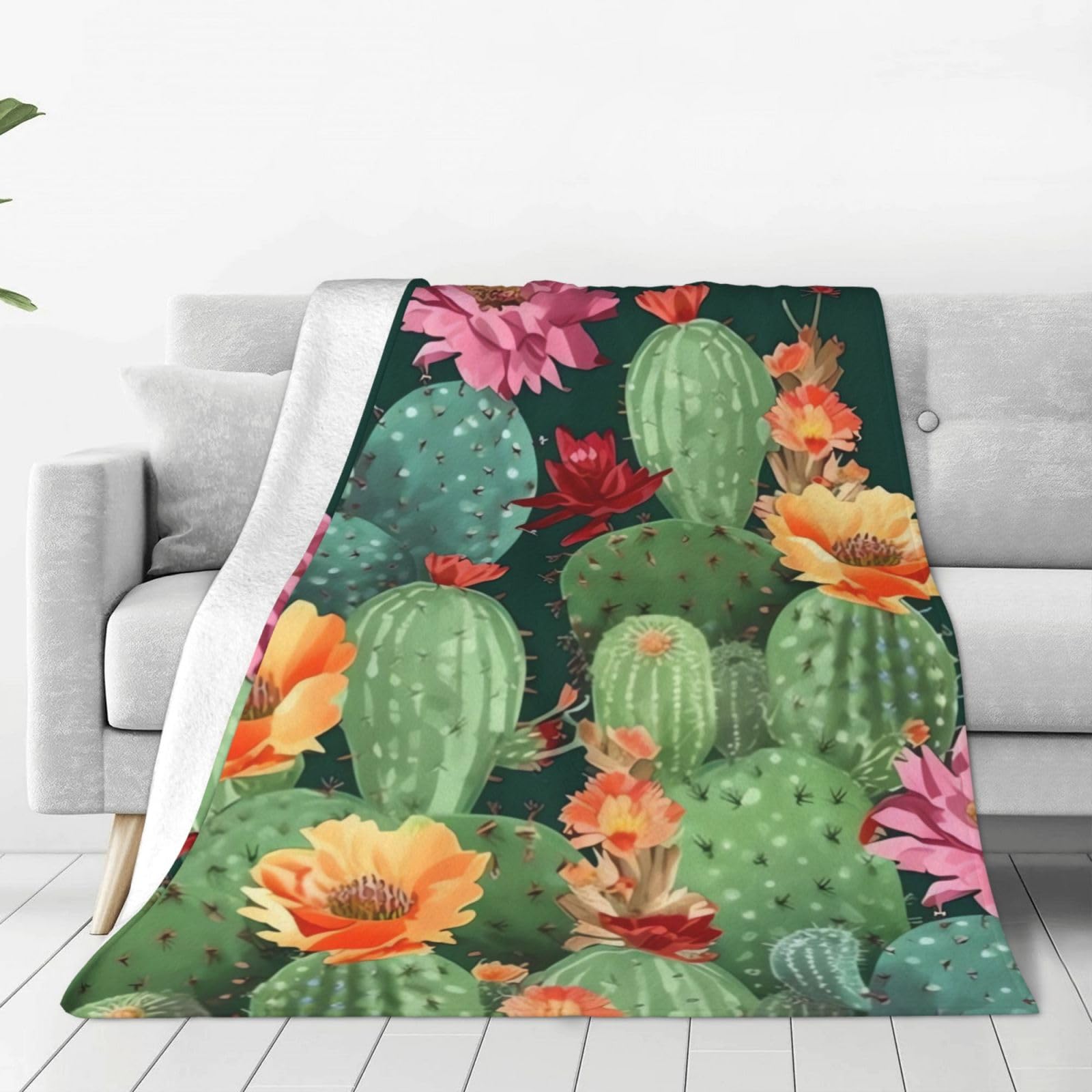 Cactus Floral Bloom Throw Blanket 60"x50" Flannel Fluffy Warm Blanket for Couch, Reversible Plush Blankets for Bed, Comfy Fuzzy Blanket for Sofa, Plush Lightweight-Blankets for All Season