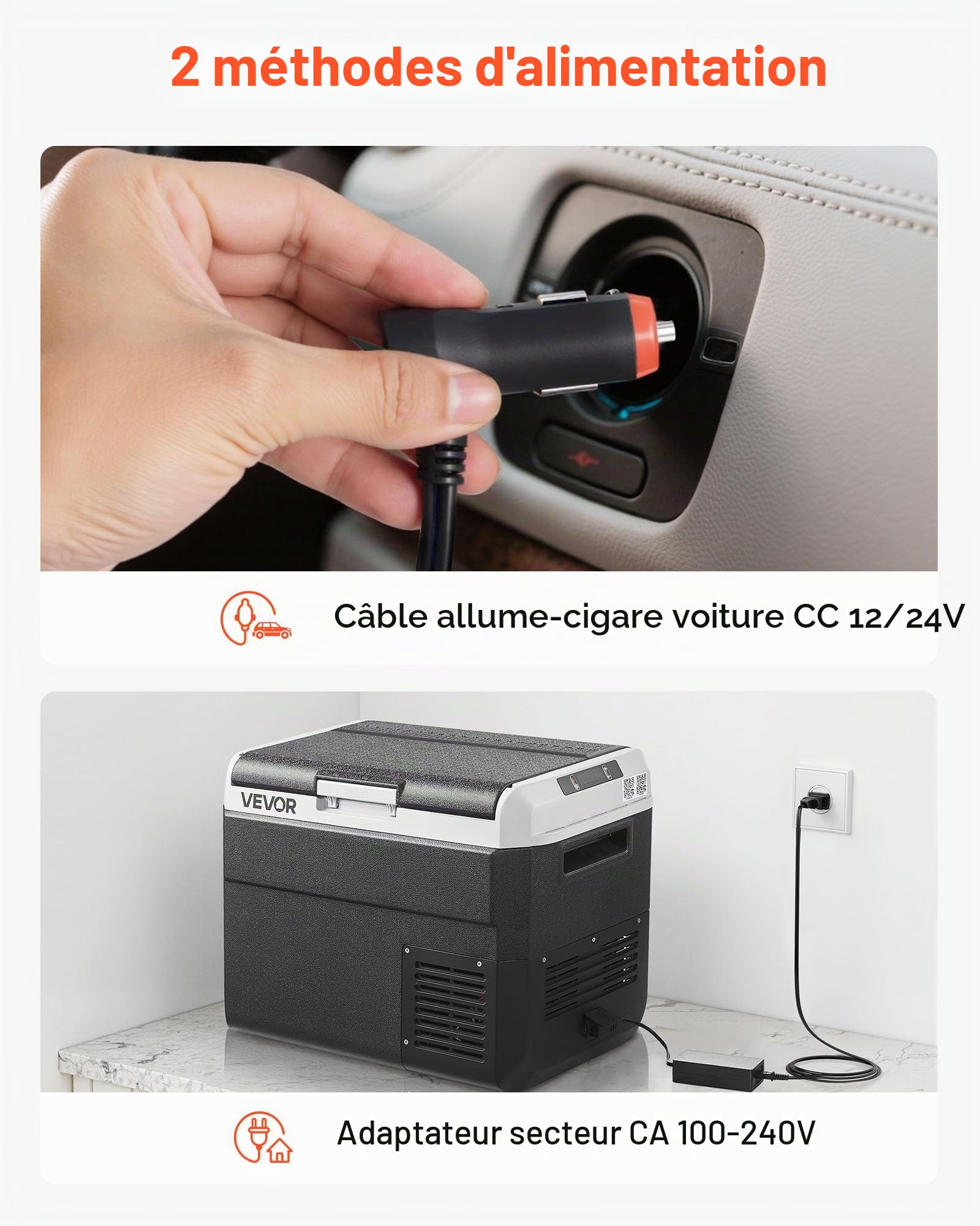 VEVOR Glacière Électrique 30 L, Réfrigérateur Portable Voiture et Maison 12/24 V CC et 100-240 V CA, pour Camping Voyage Plage Pêche, Mini Frigo à Compression, Température Réglable -20 °C à 20 °C