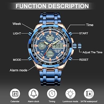 Luxury Fashion Men's Watches Stainless Steel Heavy Bullet Sport Chronograph Waterproof Gold Two Tone Date Alarm Multifunction Analogue Digital Watch