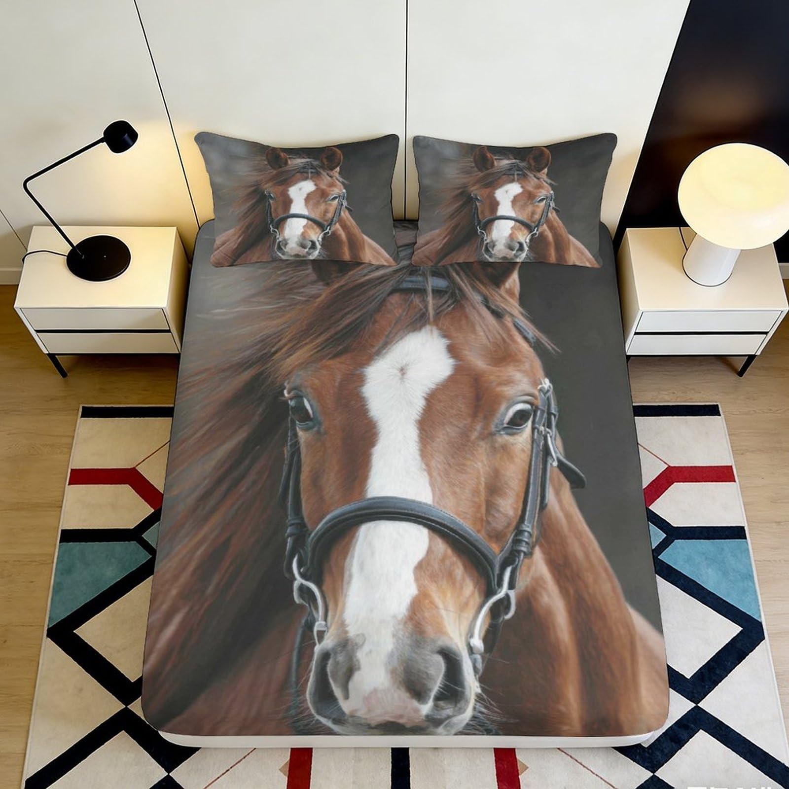 3D Printed Brown Horse Portrait Fitted Sheet Microfiber Anti-Slip Mattress Cover for Bedroom Dorm Bed Decor 180x200x25cm