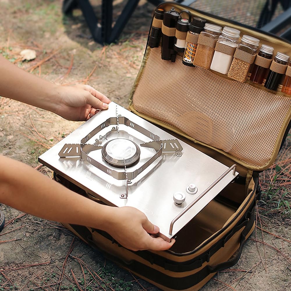 Fyearfly Bolsa de almacenamiento de utensilios de cocina al aire libre de gran capacidad, organizador portátil de picnic para barbacoa, paño Oxford multifuncional para condimentos de camping