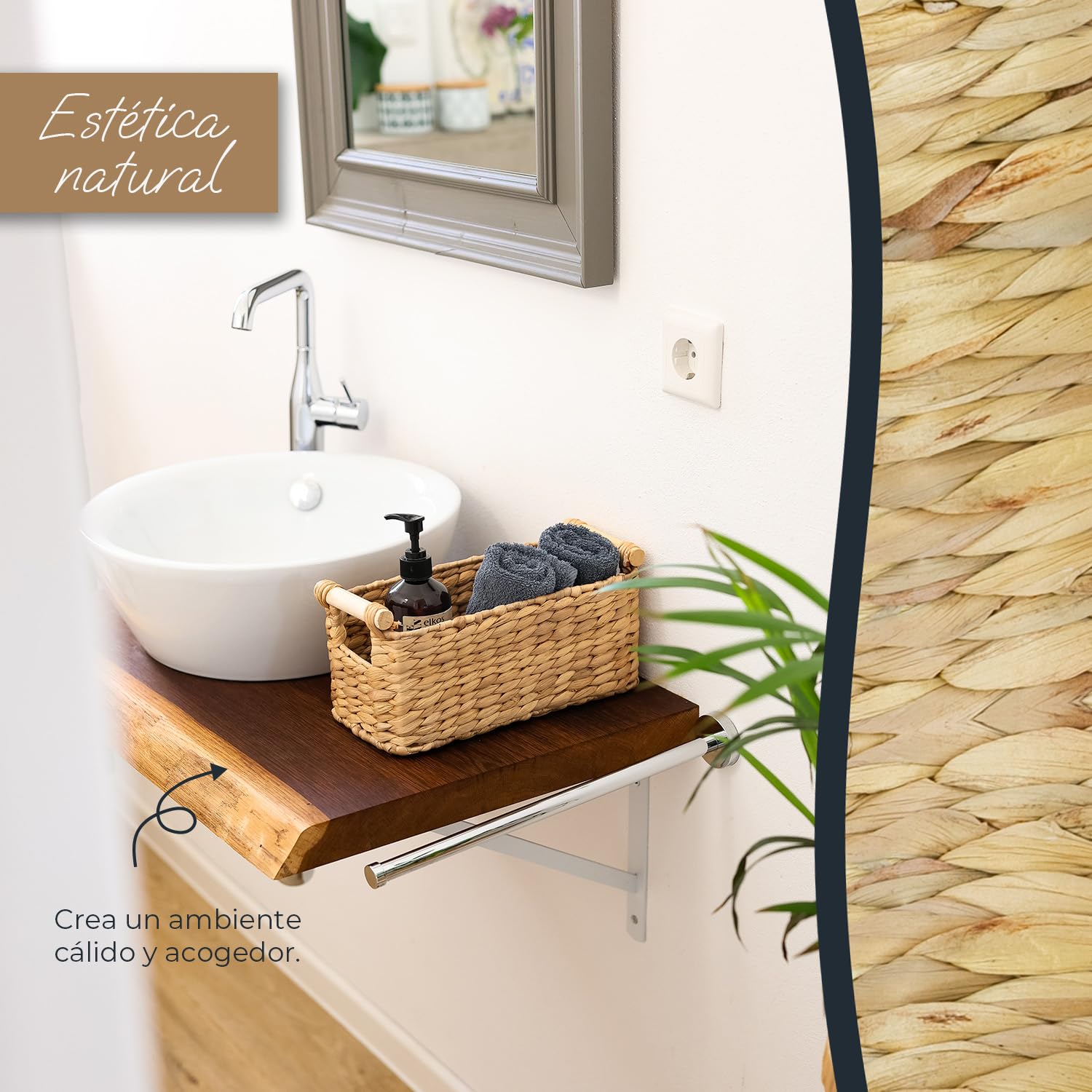 Cesta de almacenamiento trenzada de jacinto de agua con asas de madera 30x15x13 cm Natural