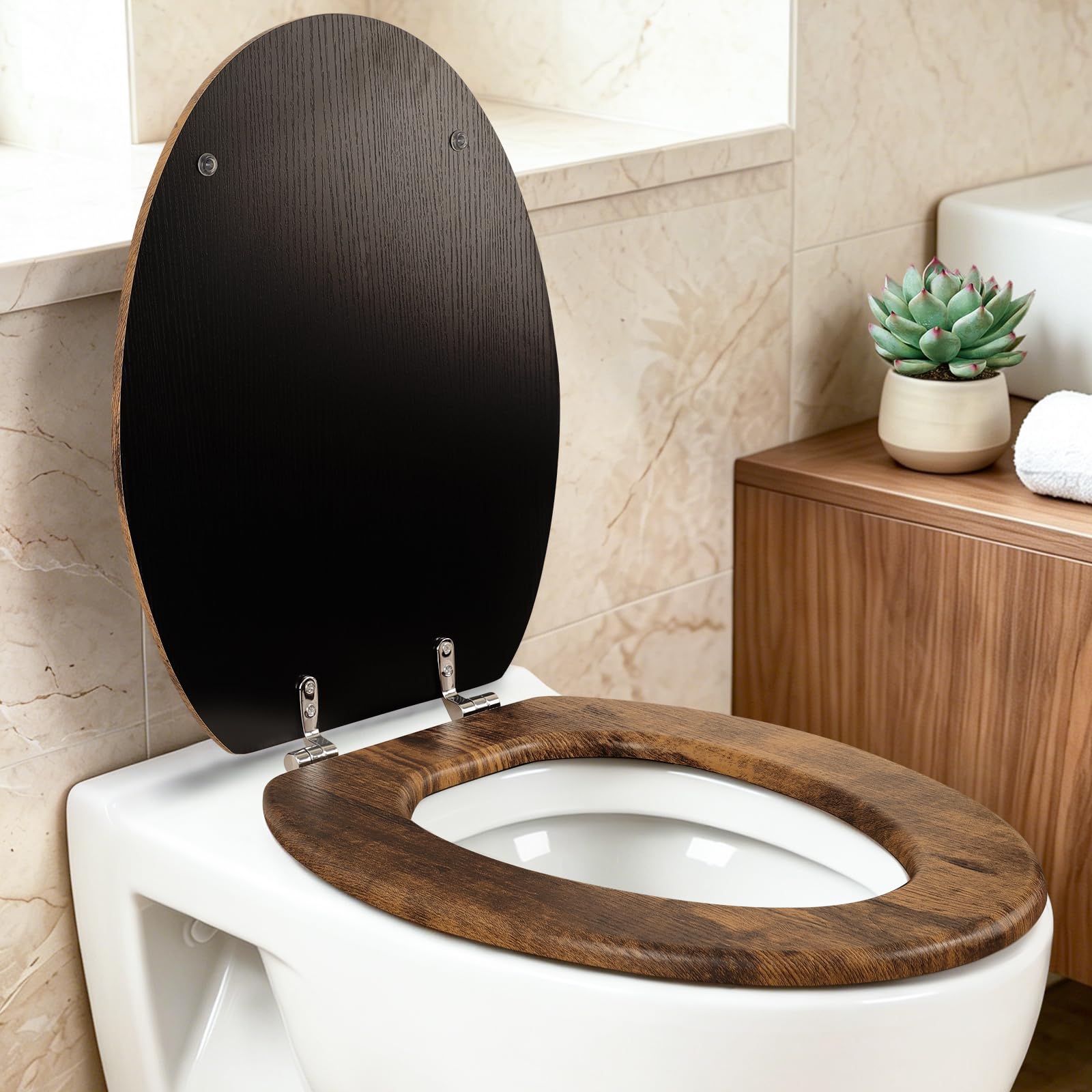 WDSHIYI Elongated Wood Toilet Seat, with Aluminum Alloy Hinges, Easy to Install Also Easy to Clean, Anti-Pinch Wooden Elongated, Brown