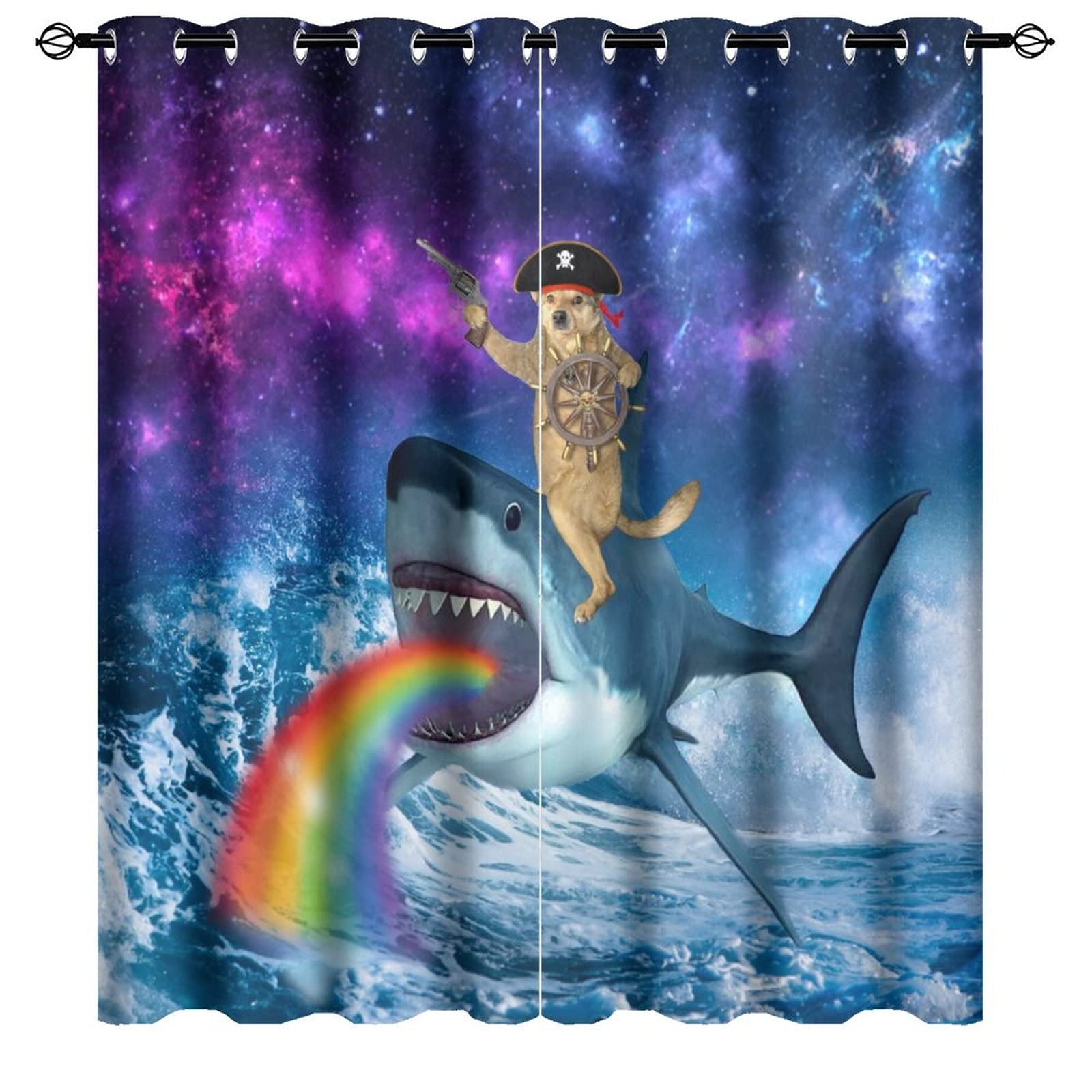 Kazynee Funny Rudder Dog Ultra Soft Premier Blackout Curtains,Cool Dog Riding Shark Fantasy Universe Galaxy PrintThermal Insulated Bedroom Noise Reducing Patio Door Grommet Top,2 Panels 72L x 31.5W