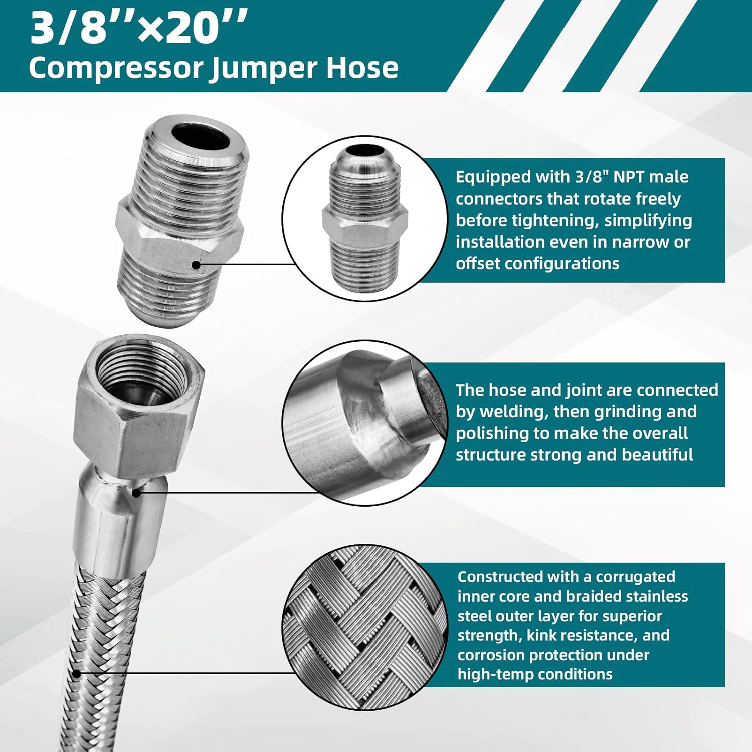 Compressor Jumper Hose, 3/8" NPT Male Tube, 20" Length, 450 PSI, 750°F, Freely Rotating Stainless Steel Metal Hose with Connectors on Both Ends
