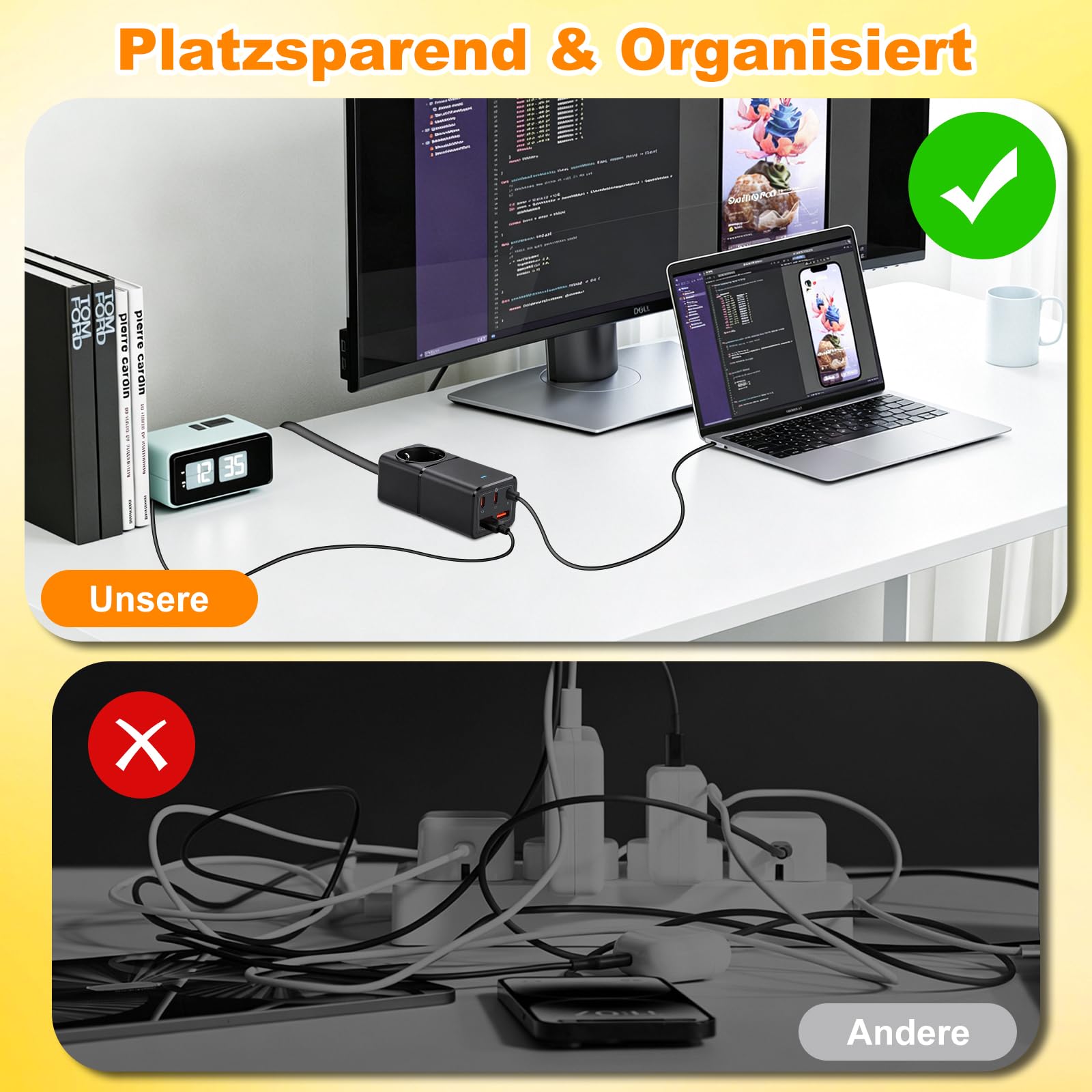 GaN 75W Steckdosenleiste mit USB C, 6-in-1 Mehrfachsteckdose | 1x Schuko + 3x USB-C (PPS) + 2x USB-A, 1,8m Kabel, 4000W, Kompakt, Kindersicher, Steckerleiste für Laptop, Tablet, Smartphone