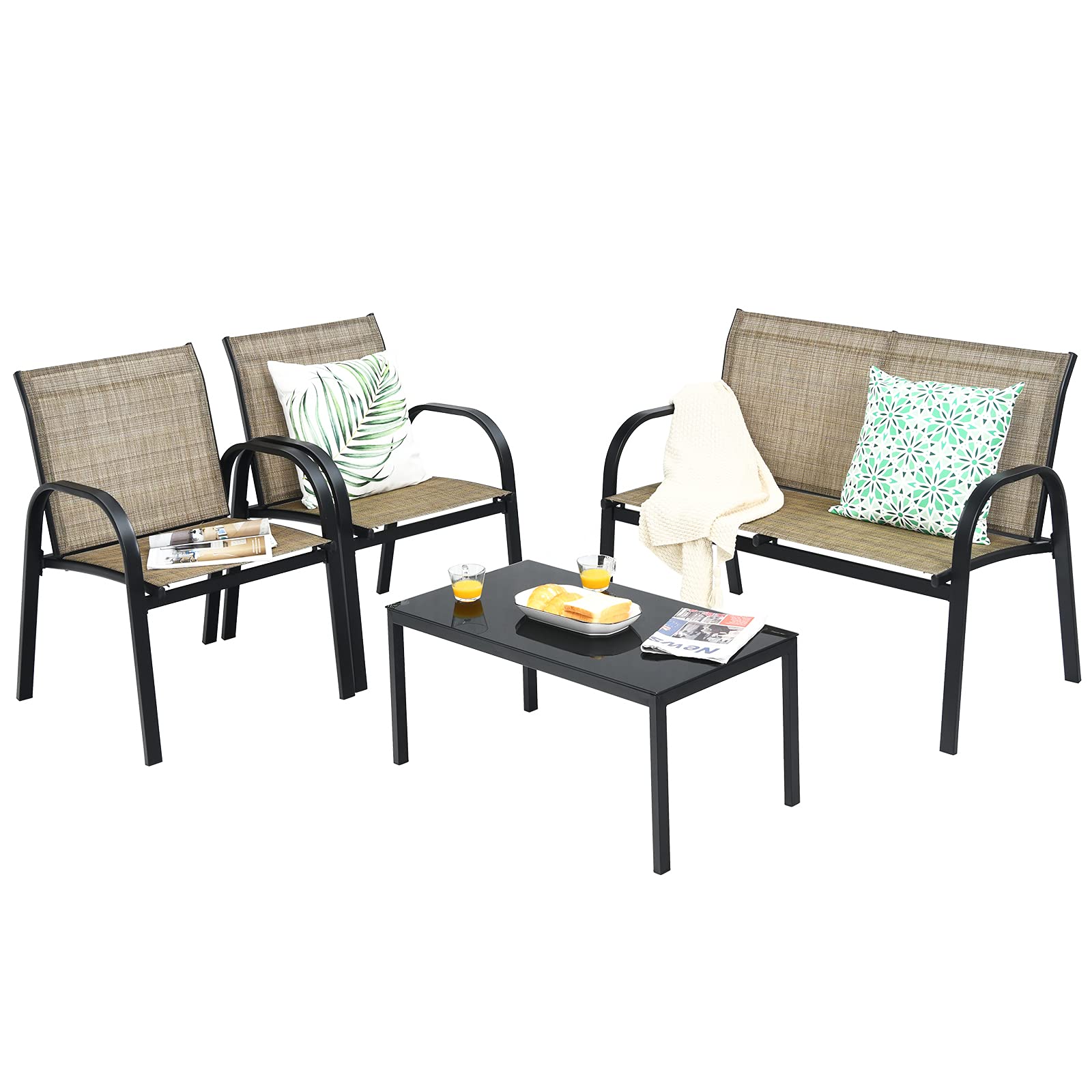 GOPLUS 4Pcs Ensemble de Salon de Jardin 4 Personnes en Tissu, Table Basse Jardin avec 1 Canapé+2 Fauteuils Jardin avec Accoudoir Lisse, pour Balcon, Terrasse, Patio,Charge 240+120+40KG, Gris