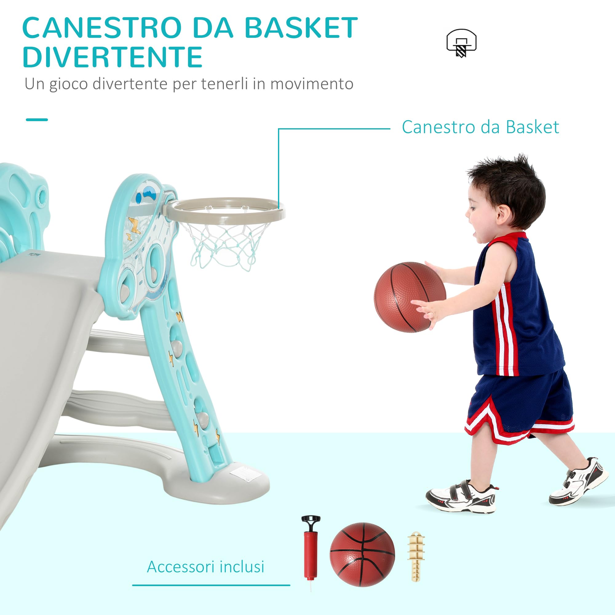 HOMCOM Scivolo per Bambini da 18 Mesi Pieghevole con 3 Scalini e Canestro Basket, Scivolo da Interno ed Esterno, 140x87x75cm, Blu e Grigio