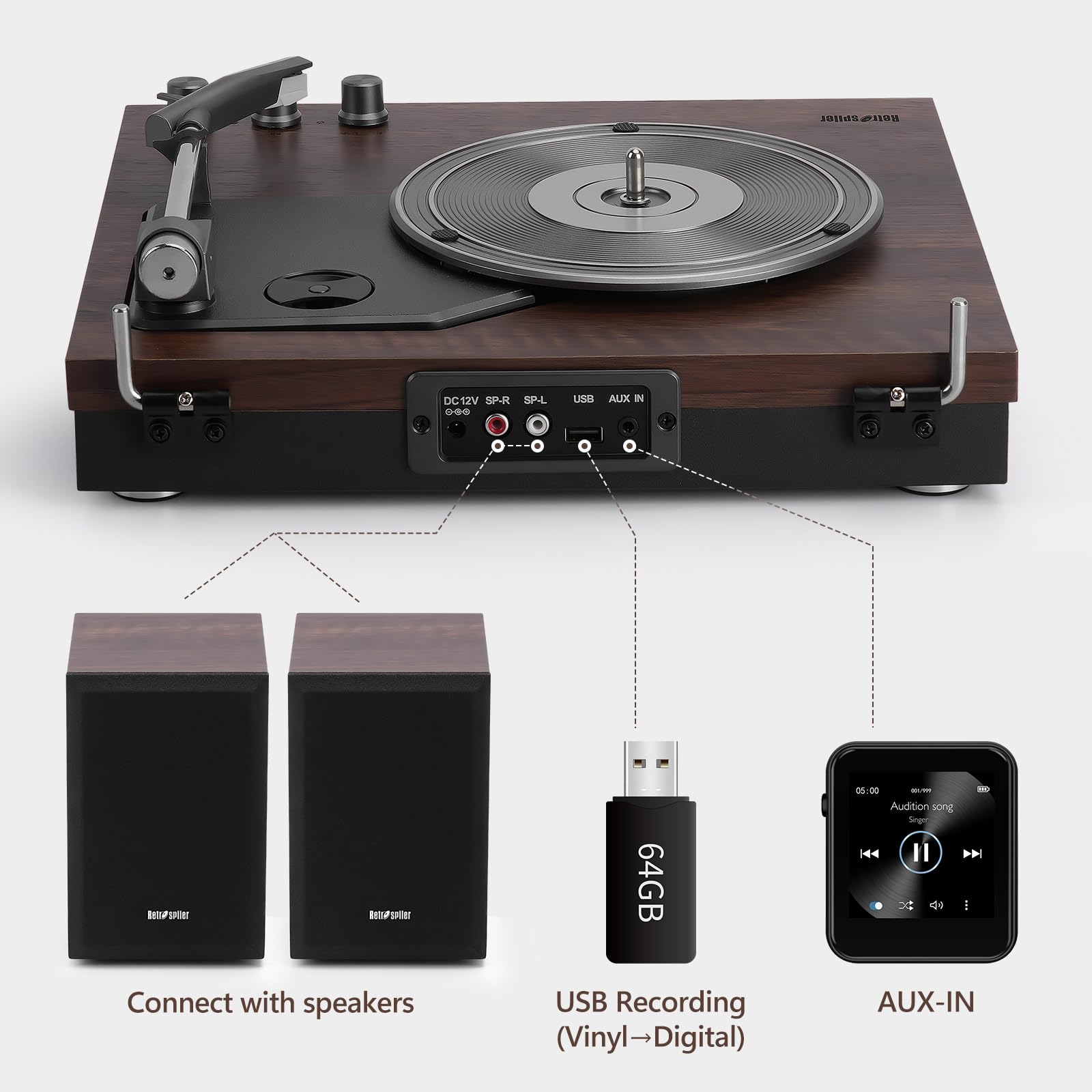 Plattenspieler mit Externe Stereo-Lautsprecher, Vintage-Schallplattenspieler, Bluetooth-HiFi-Plattenspieler mit Externe Regallautsprechern
