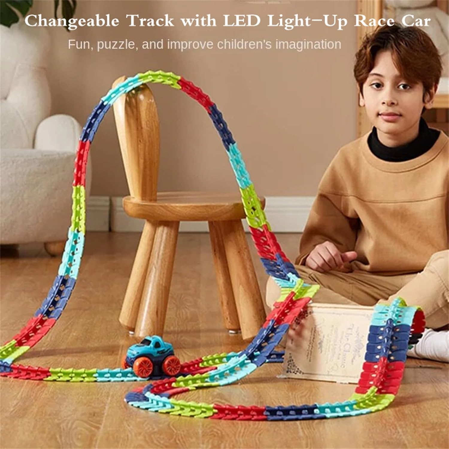 Kids Race Track Set, Changeable Track with LED Light-Up Race Car, Anti Gravity Car Track Set Ultra-Flexible Machine Track (46 PCS)