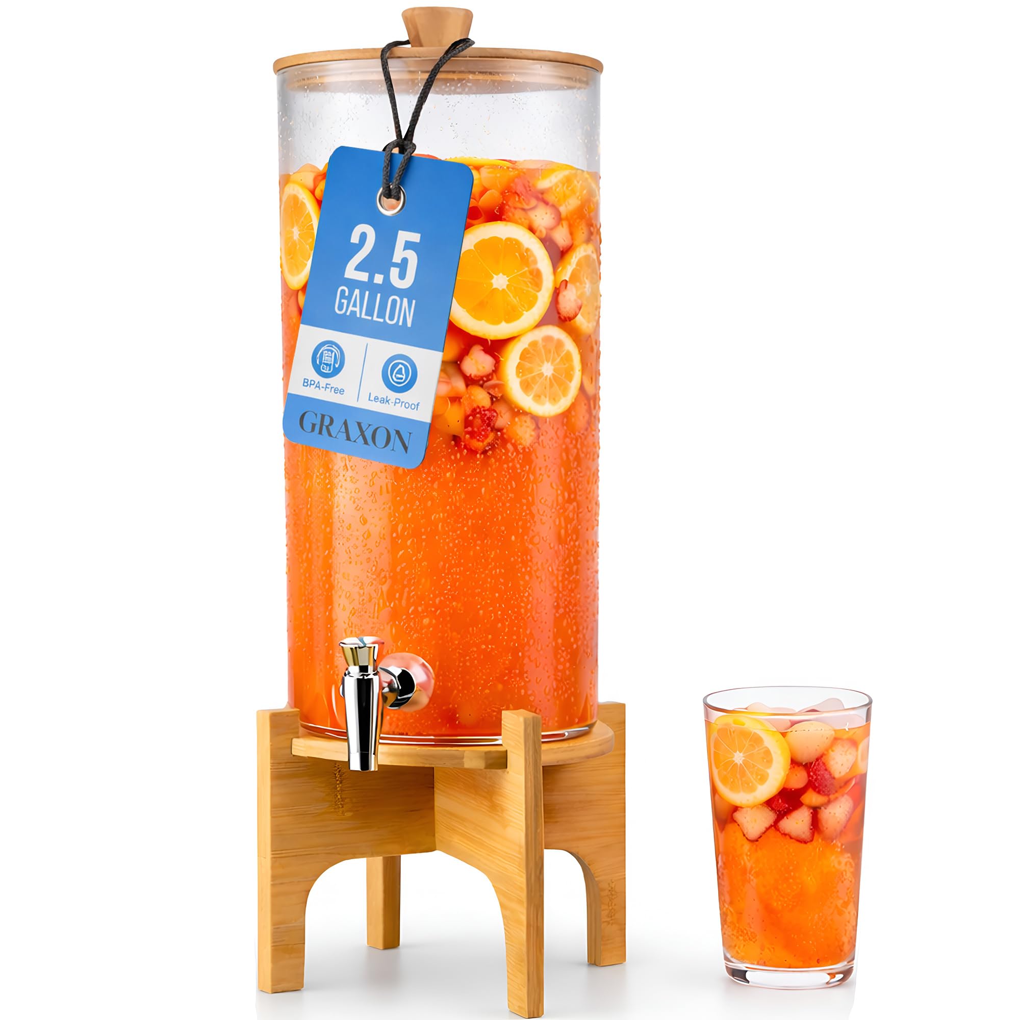 Drink Dispenser with Bamboo Stand & Spigot (2.5 Gallon) Large Plastic Beverage Dispenser for Parties, Cocktails, Juice, Lemonade, Water, Soda, Sangria