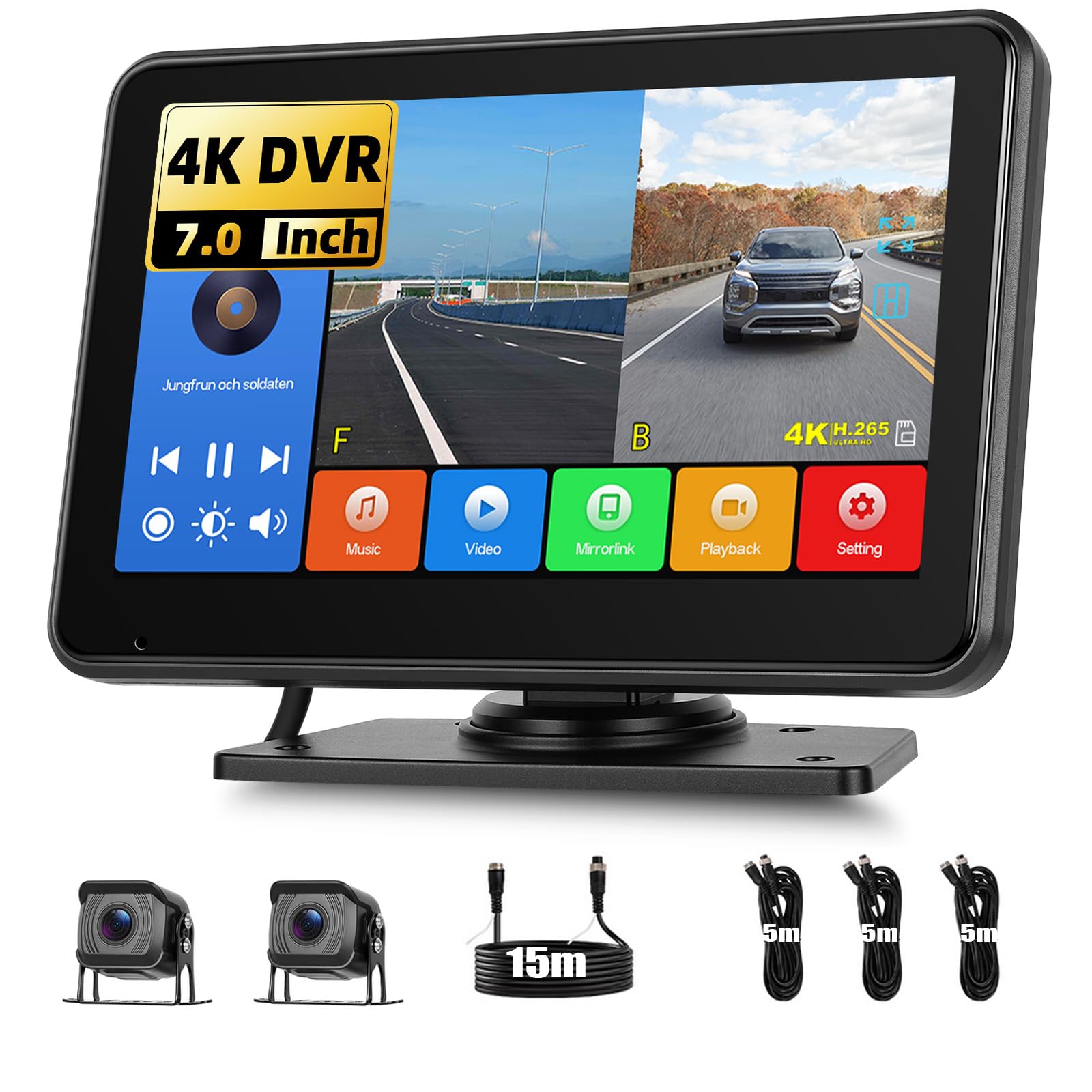 Telecamera Posteriore Set di 2 Telecamere Cablate, Monitor IPS HD da 7 Pollici 4K DVR con Android Cast, Impermeabile IP68, Registrazione, Monitoraggio del Parcheggio, Linee di parcheggio
