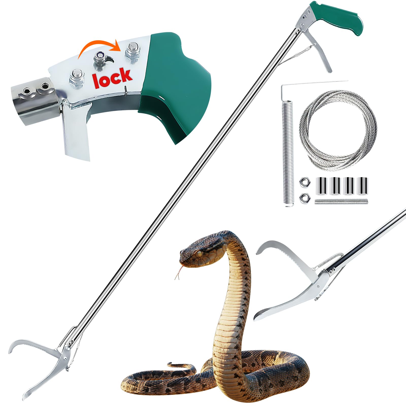 52" Snake Tongs Stick with Lock, Professional Snake Grabber Tool Heavy Duty Reptile Snake Catcher Grabber Stainless Steel Snake Pole Wide Jaw Handling