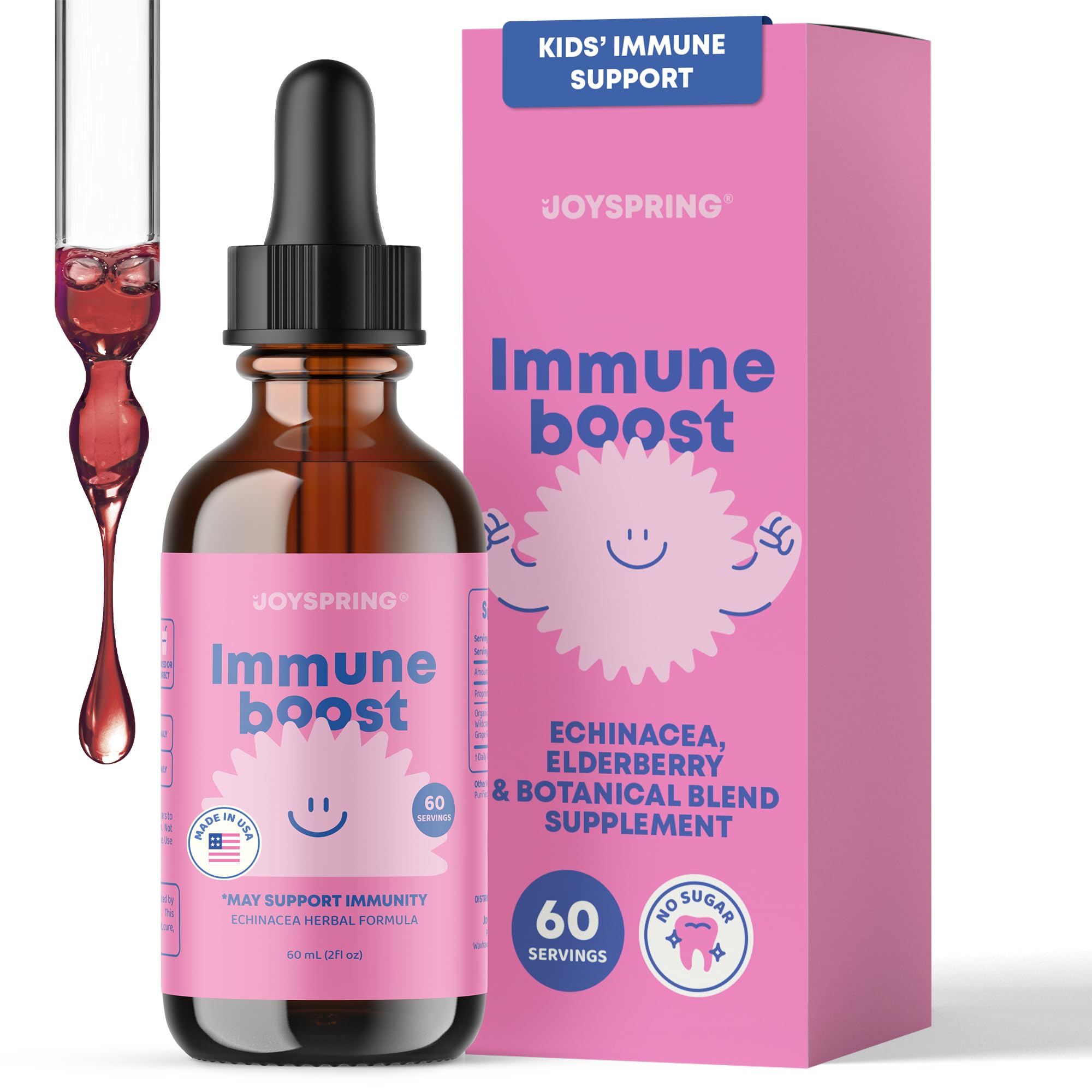 JoySpring Immune Drops – Kids Immune Support Supplement with Elderberry Extract, Echinacea, Oregon Grape Root & Orange Peel Liquid for Ages 3–16+ Years & Adults | 2 fl oz (60 Servings)