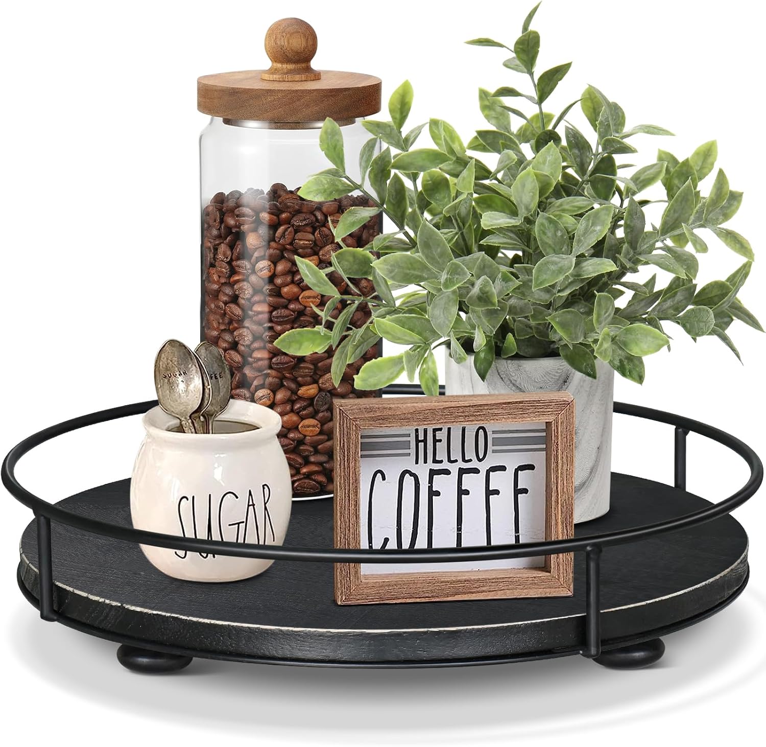 Coffee Table Tray, Wooden Serving Tray with Metal Handle, Farmhouse Round Decorative