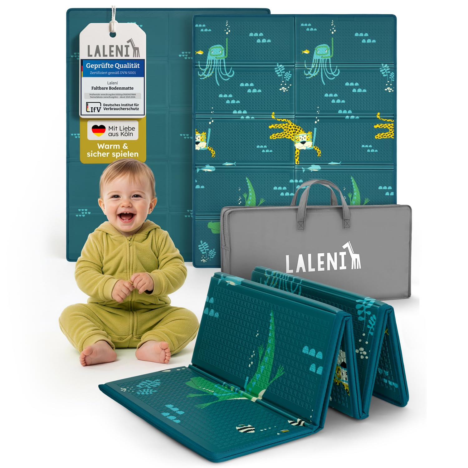 Laleni Krabbelmatte Baby 120x150x1 cm - wasserdichte Spielmatte Baby faltbar - isolierende Bodenmatte Kinder - weich & schützt vor kaltem Untergrund - Krabbeldecke outdoor & indoor - Wasser-Motiv