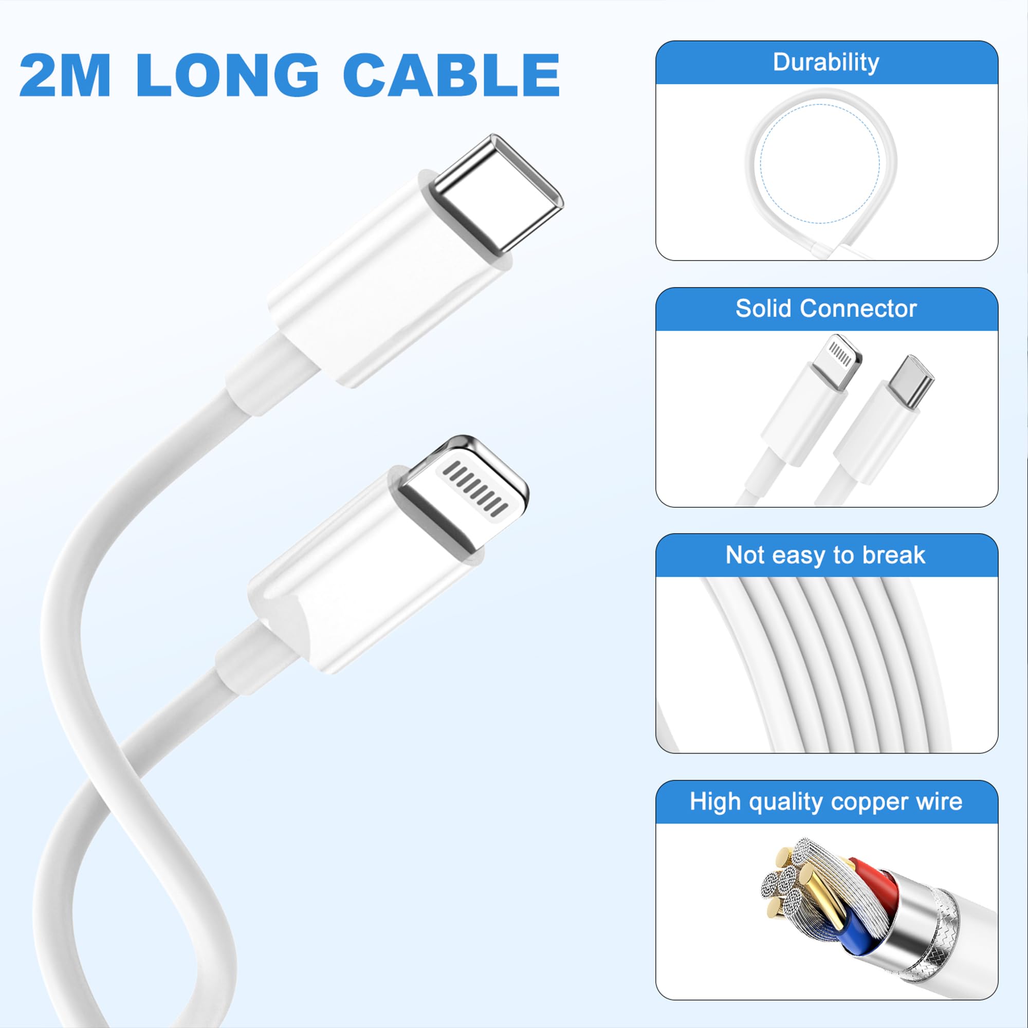 Chargeur Rapide iPhone,PD 3.0 USB-C avec Câble Lightning 2M Lot de 2 Compatible iPhone 11 12 13 14 Pro Pro Max Charge Sécurisée et Ultra-Rapide