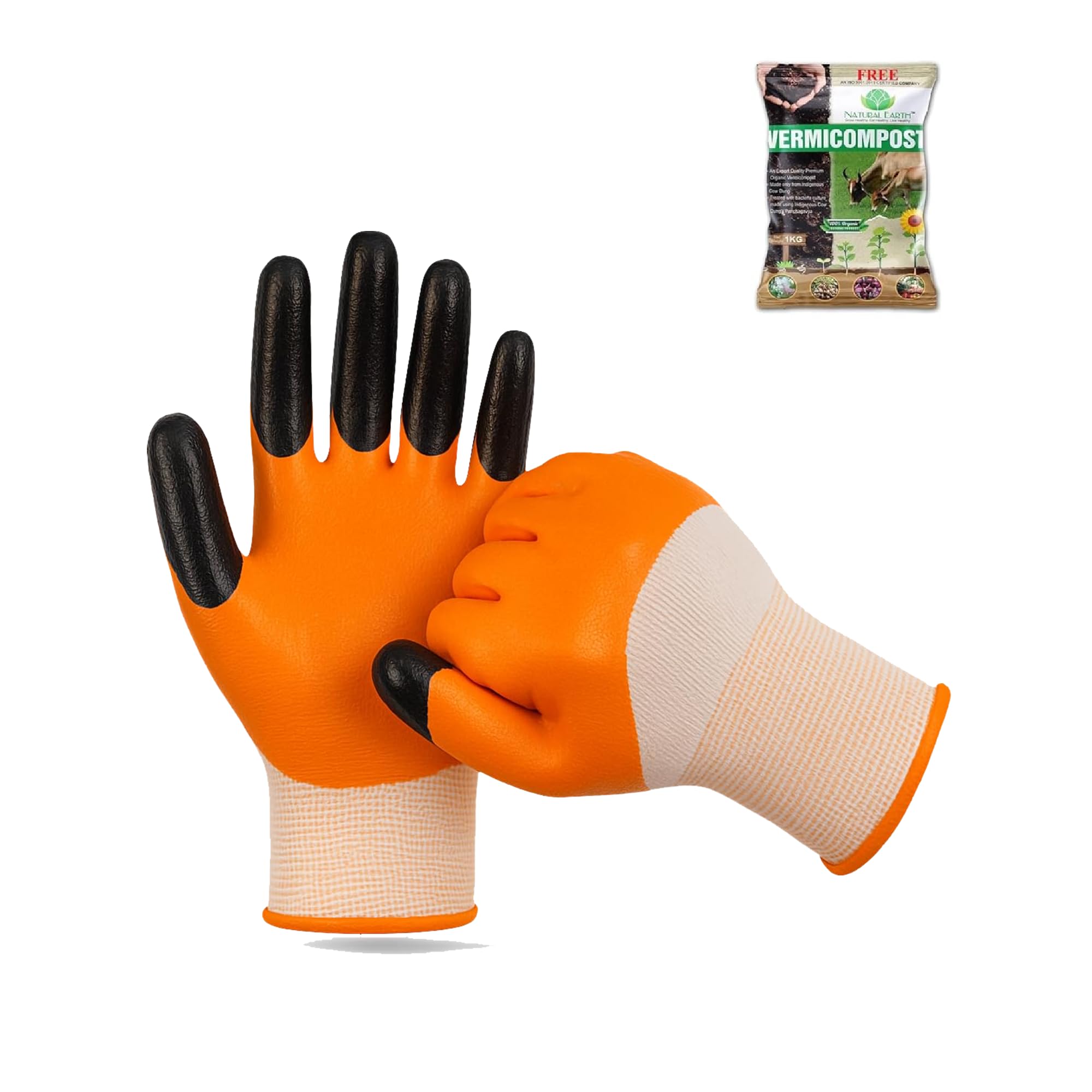 NATURAL EARTH® Garden Gloves for Gardening Work | Durable Reusable Gloves for Home & Outdoor Use | Ideal for Plant Care, Digging & Weeding | Orange | Free 1 kg Organic Vermicompost