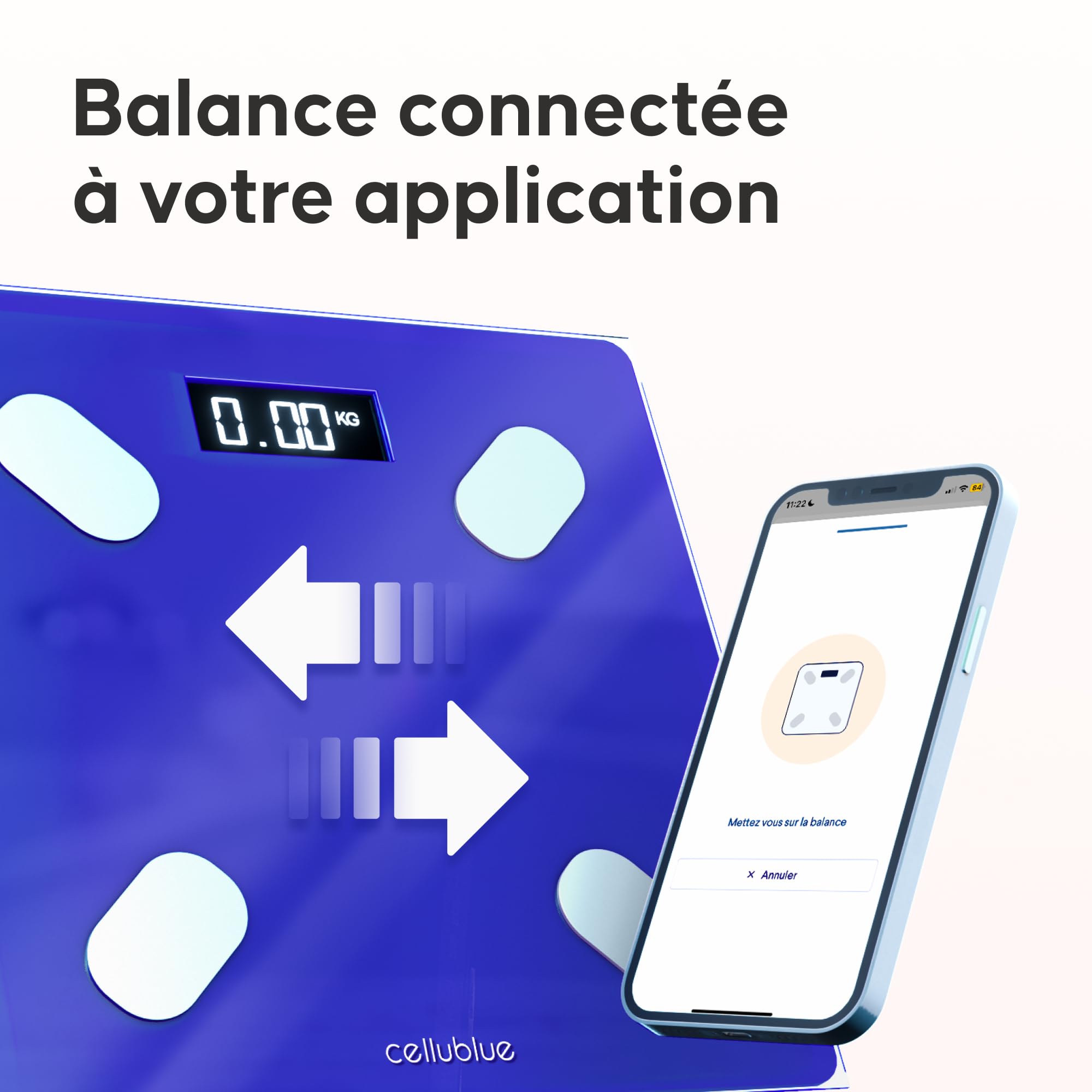 Balance Connectée Minceur Cellublue - Pèse-Personne Intelligent avec 12 Indicateurs de Composition Corporelle, Analyse de Graisse, Muscle et IMC - Compatible Smartphone, Suivi précis de poids