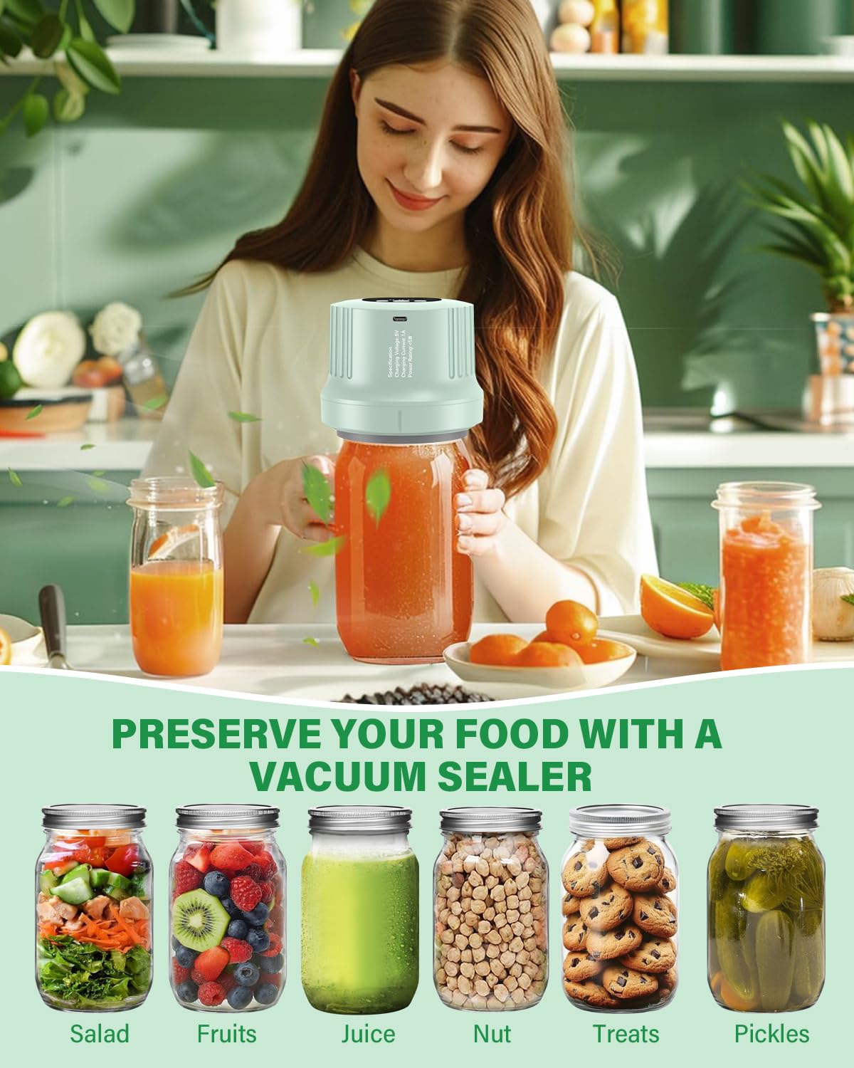 Mason Jar - Kit de sellador al vacío totalmente automático, sellador al vacío, 3 en 1, sellador al vacío inalámbrico con tapas Mason de boca ancha y regular, bolsas de vacío reutilizables, sellador al