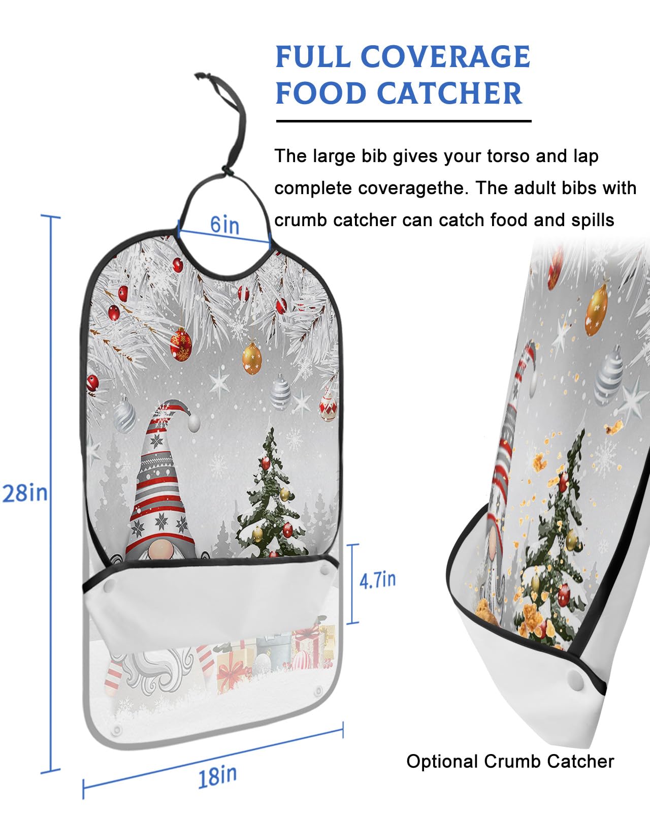 LEOKOTI Christmas Gnomes Adult Bibs for Eating, Waterproof Bibs with Food Catcher & Adjustable Snap Closure, Xmas Tree Balls Winter Snowflake Grey Washable Clothing Protectors Adult Bibs for Elderly