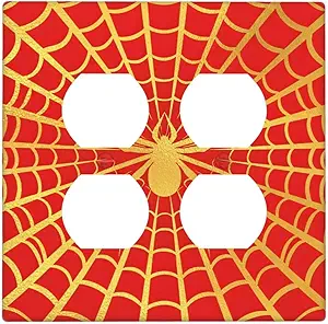 Decorative Outlet Covers Red Background with Golden Spiderweb Spider 2 Gang Outlet Cover Wall Plate Double Duplex Light Switch Cover Plate Switch Plate Covers for Bedroom Decor
