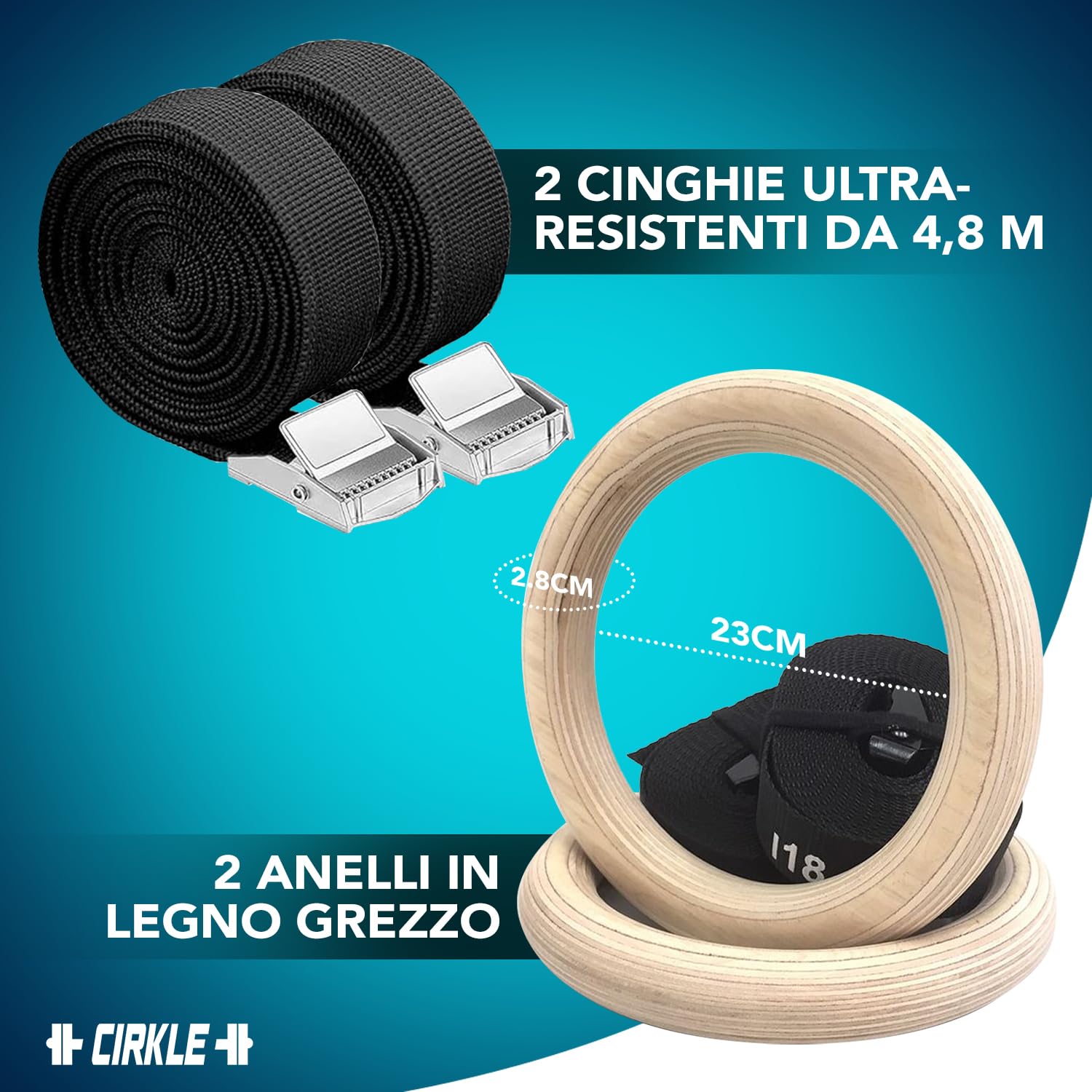 Original Cup CIRKLE | 2 Anelli da Ginnastica in Legno | Diametro 23 cm con Cinghie Regolabili | Allenamento, Fitness, Costruzione Muscolare, Sport | Facile Fissaggio, Massima Sicurezza | Aerobik