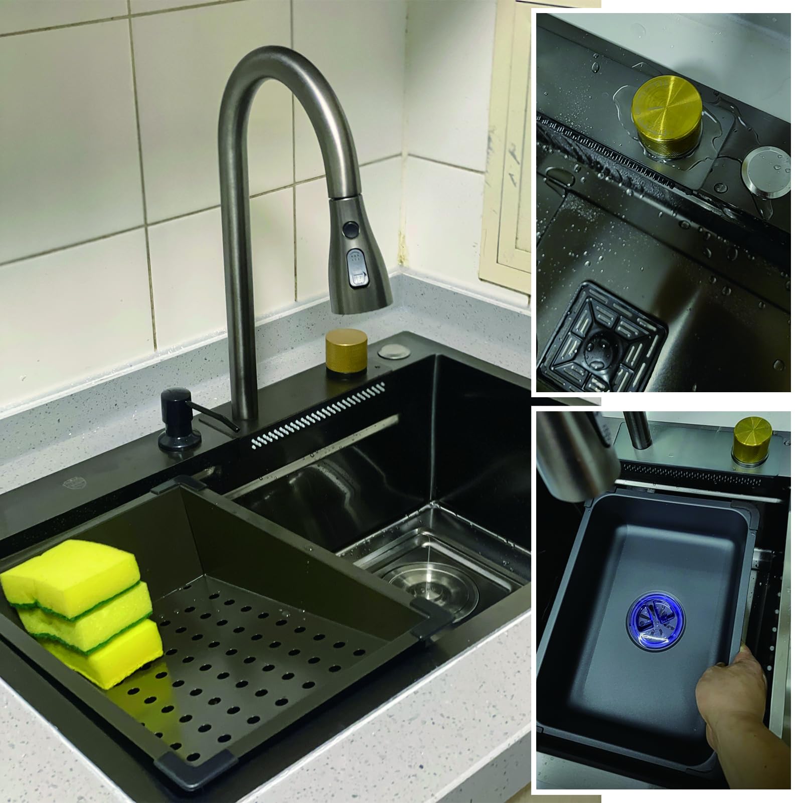 Lavello Cucina 1 Vasca Grande 68x45cm, Moderno Lavello Cucina in Acciaio Inox, Cascata a Lavello Multifunzione, Con Rubinetto, Sifone e Set di Drenaggio (Kitchen Sink)