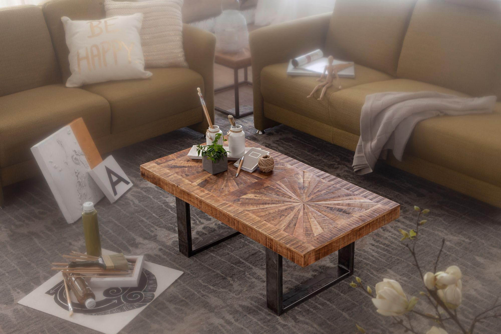 FineBuy Mesa de Centro Industrial Rectangular 105x55x40 cm Madera Maciza de Mango y Metal | Mesa Auxiliar para Salón | Mesita Café para Sofá | Mesa de salón rectangular con estructura de metal, mesa de sofá de madera auténtica, rústica, hecha a mano, únic