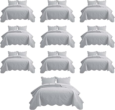 IR Imperial Rooms 10 Pack Queen Quilt Bedding Set (90" x 96") - Bulk Wholesale for Hotels, Guest Bedroom & Airbnbs - Lightweight Microfiber Reversible Floral Embossed Quilts Bedspreads (Silver)