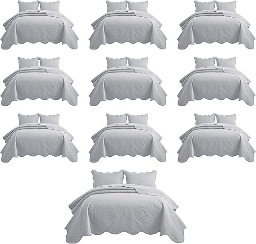 IR Imperial Rooms 10 Pack Queen Quilt Bedding Set (90" x 96") - Bulk Wholesale for Hotels, Guest Bedroom & Airbnbs - Lightweight Microfiber Reversible Floral Embossed Quilts Bedspreads (Silver)