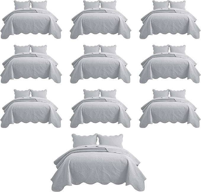 IR Imperial Rooms 10 Pack Queen Quilt Bedding Set (90" x 96") - Bulk Wholesale for Hotels, Guest Bedroom & Airbnbs - Lightweight Microfiber Reversible Floral Embossed Quilts Bedspreads (Silver)