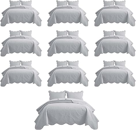 IR Imperial Rooms 10 Pack Queen Quilt Bedding Set (90" x 96") - Bulk Wholesale for Hotels, Guest Bedroom & Airbnbs - Lightweight Microfiber Reversible Floral Embossed Quilts Bedspreads (Silver)
