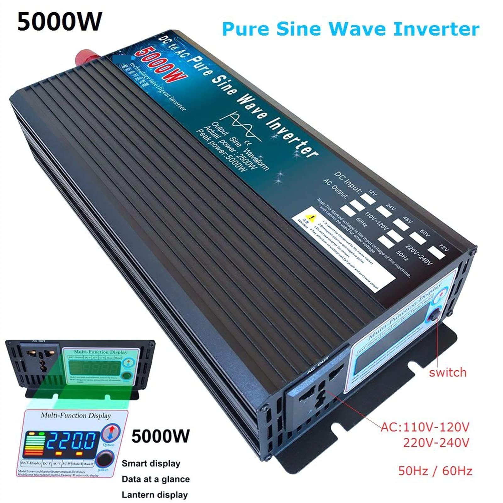 Falownik 4000W 5000W czysta fala sinusoidalna przetwornica DC12V 24V 48V 60V do AC 110 220 konwerter napięcia energii słonecznej samochód gospodarstwa domowego(4000W,110-120V 60Hz)