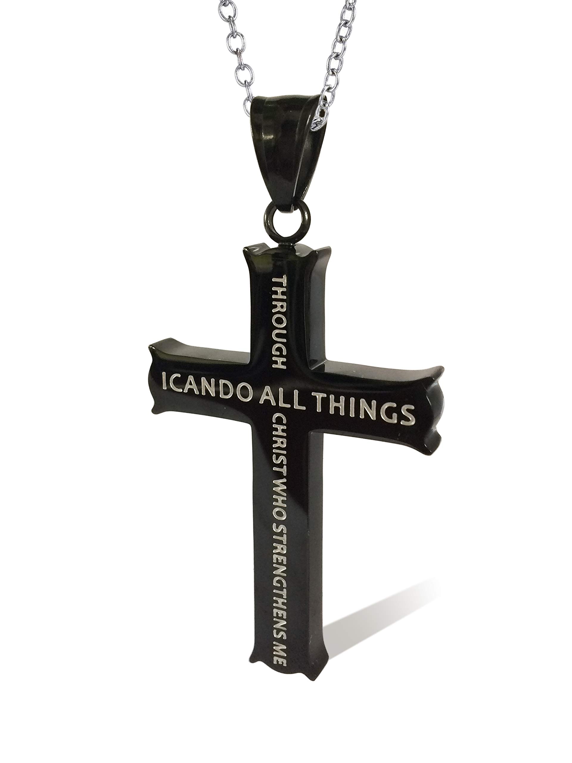 Amison Bible Verse Philippians 4:13 Cross Pendant Necklace Stainless Steel for Men Women Kids, 22-24 inches Classic Chain, 3 Colors Available