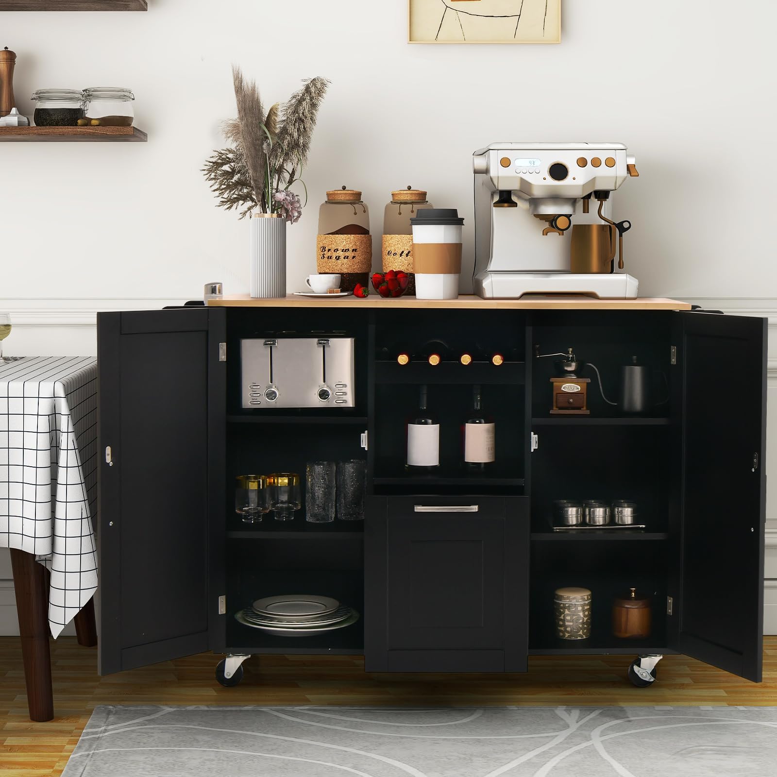KOMFOTTEU Mobile Kücheninsel mit Arbeitsplatte, Küchenwagen mit Schublade, Flaschenhalter und 2 Türschränken, Servierwagen auf Rollen, Kücheninselwagen Holz 130x45x90 cm (schwarz)