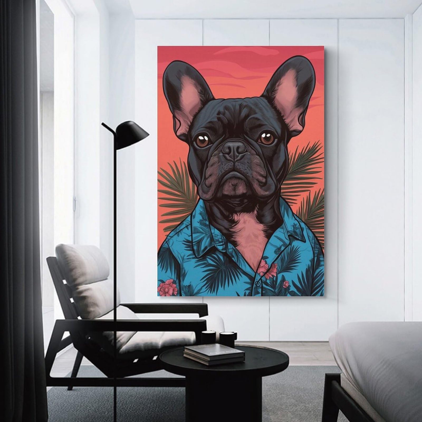 Junmoney French Bulldog in Hawaiian Shirt Wall Picture Print 20x30inch(50x75cm), for Home Walls, Creative Rooms Or Shared Spaces, Stylish Home Artwork for Focal Walls