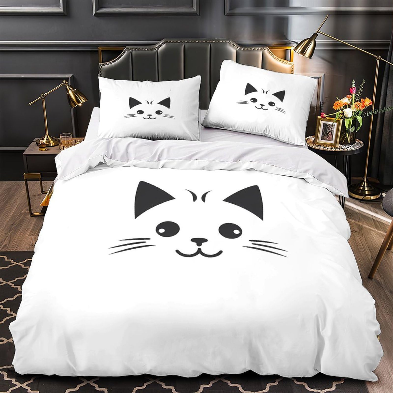 Housse de couette chat 140x200 parure de lit fille microfibre imprimé 3D avec zip