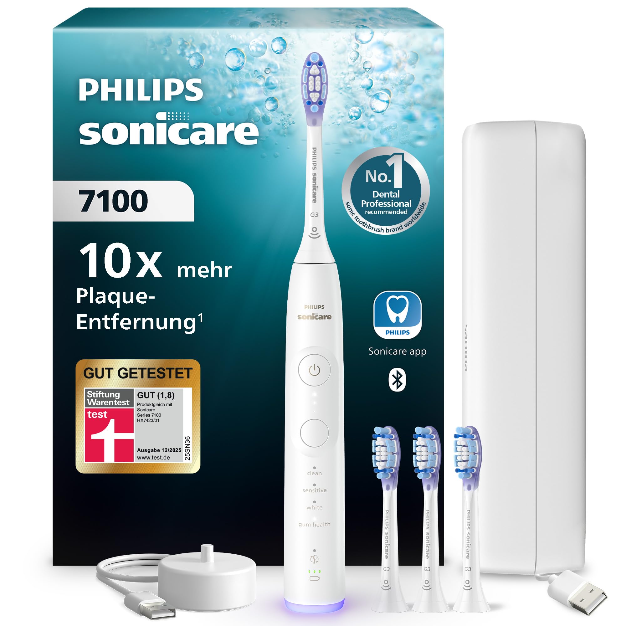 Philips Sonicare 7100 elektrische Zahnbürste, Schallzahnbürste mit App, 4 Putzmodi und 3 Intensitätsstufen, Andruckkontrolle, EasyStart, SmarTimer, Weiß, Modell HX7420/08 [Neue Technologie]