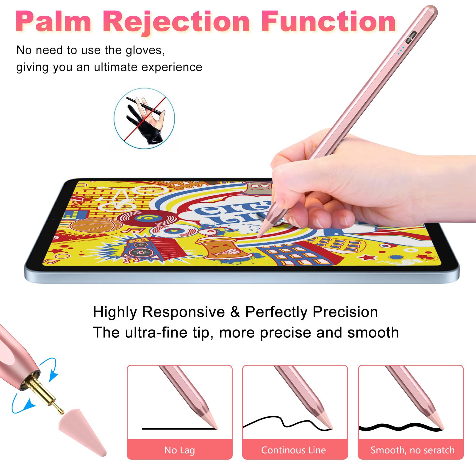 Pennino capacitivo per Apple iPad 2018-2024 KBCASE Apple Pencil compatibile con iPad 10/9/8/7/6th Gen, iPad Mini 6/5th Gen, iPad Air 5/4/3th, iPad Pro 11/12.9" con ricarica rapida di 15 minuti, 5