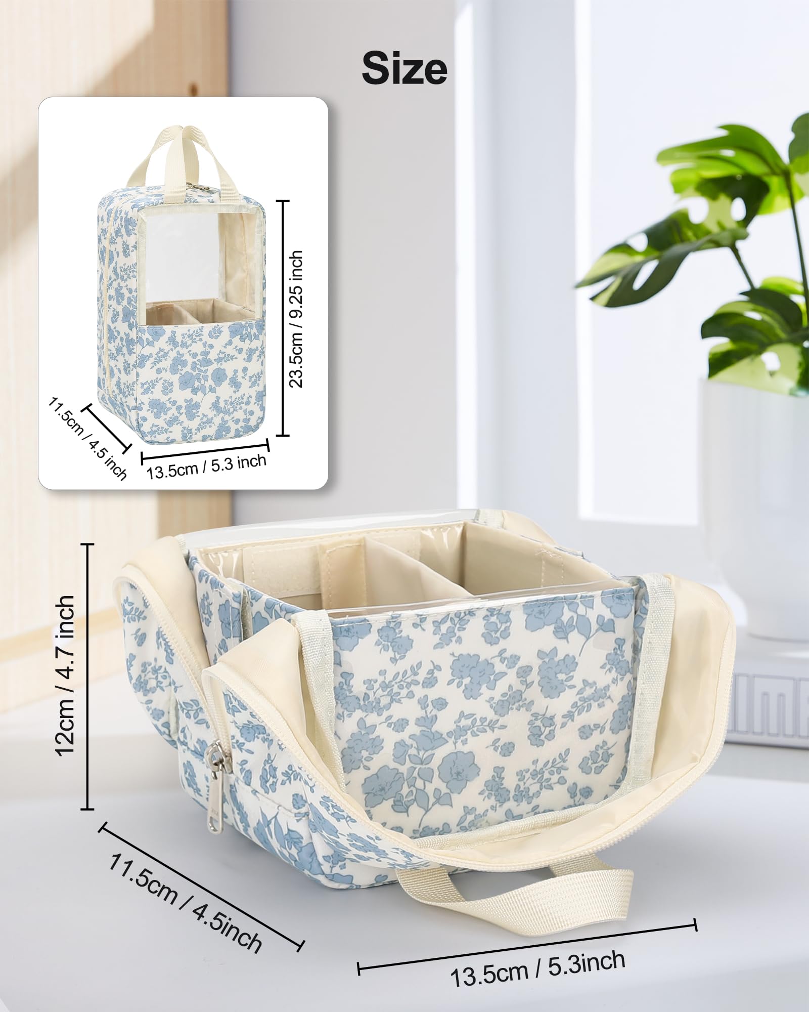 Twofold Makeup Brush Organiser Bag Large Capacity Cosmetic Bag Portable Stand-Up Makeup Brush Holder Waterproof Travel Make Up Brush Sets for Makeup Artist, Blue Flower