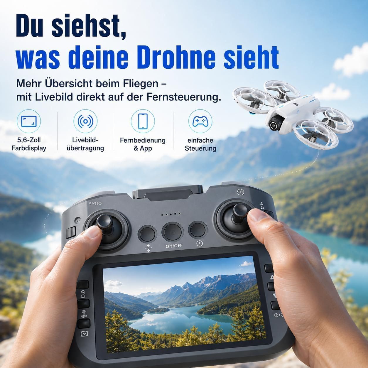 Mini Kameradrohne 1080p mit FPV Livebild, 5,6 Zoll Display-Fernsteuerung, Optical Flow, bürstenloser Motor, 2 Akkus, Propellerschutz, ab 14 Jahren (Weiß, 3 St. Akkus)