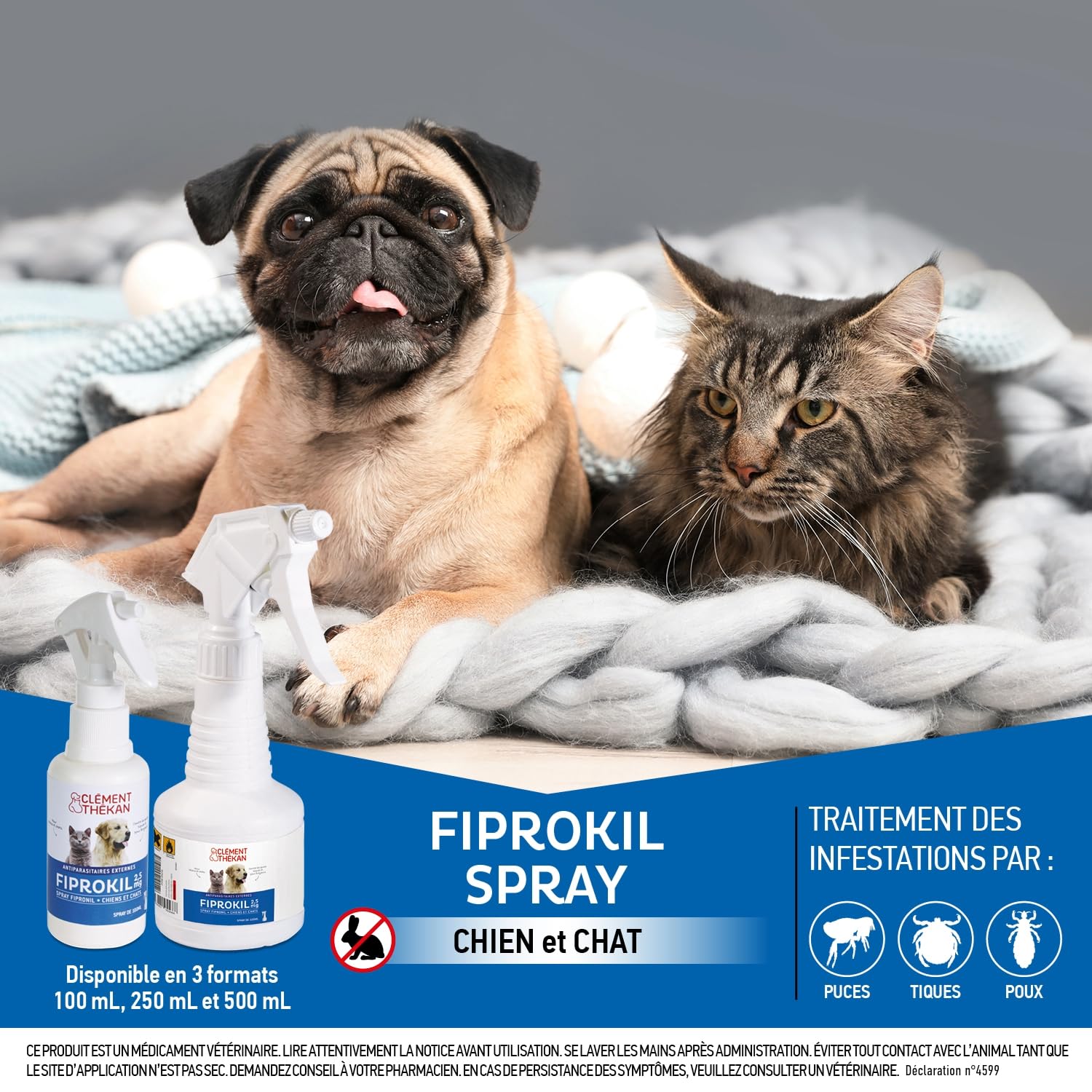 Fiprokil Spray 2,5 MG Chats & Chiens Clément Thékan - Traitement des infestations par Les Puces/Tiques/Poux Broyeurs - Fabriqué en France - 500 ML