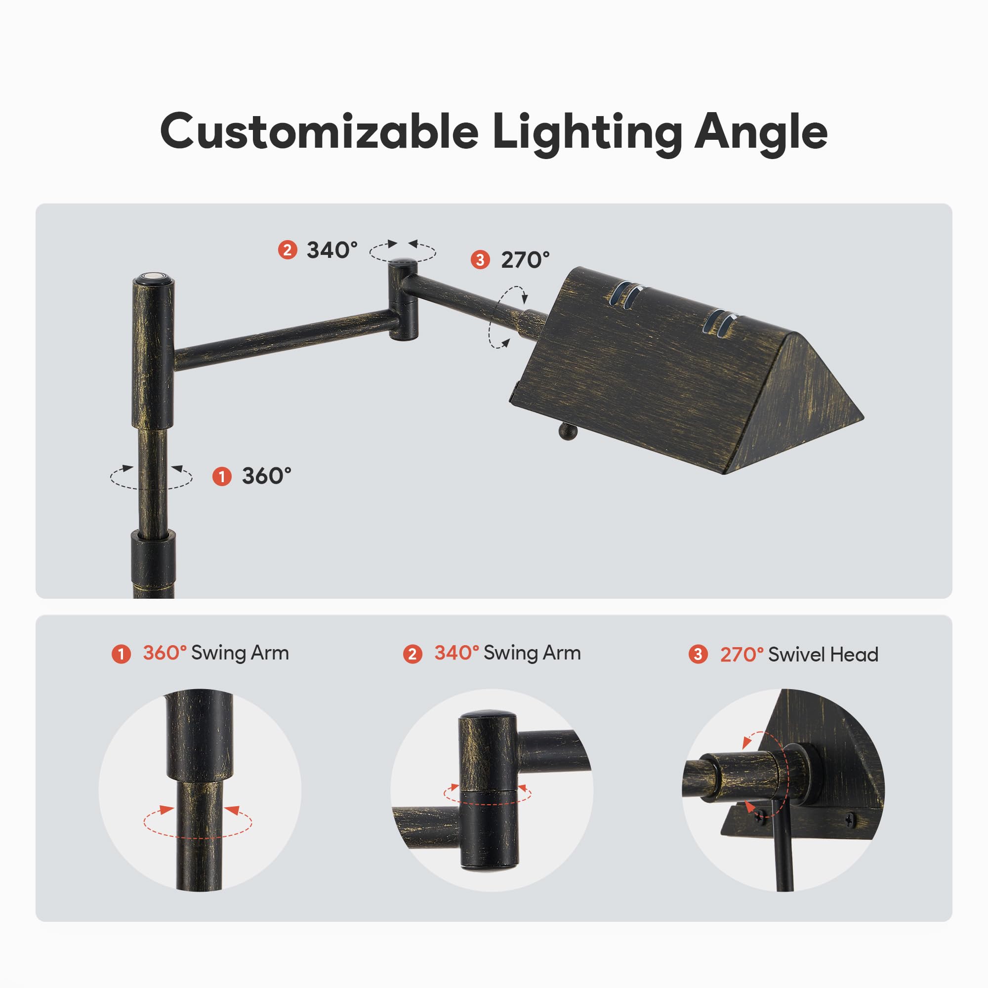 VONLUCE Dimmable LED Floor Lamp 56 Floor Lamp for Living Room with Adjustable Height Swing Arms 3 Color — view 5