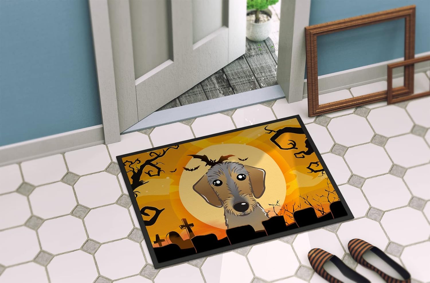 Caroline's Treasures BB1791JMAT Halloween Wirehaired Dachshund Doormat 24x36 Front Door Mat Indoor Outdoor Rugs for Entryway, Non Slip Washable Low Pile, 24H X 36W