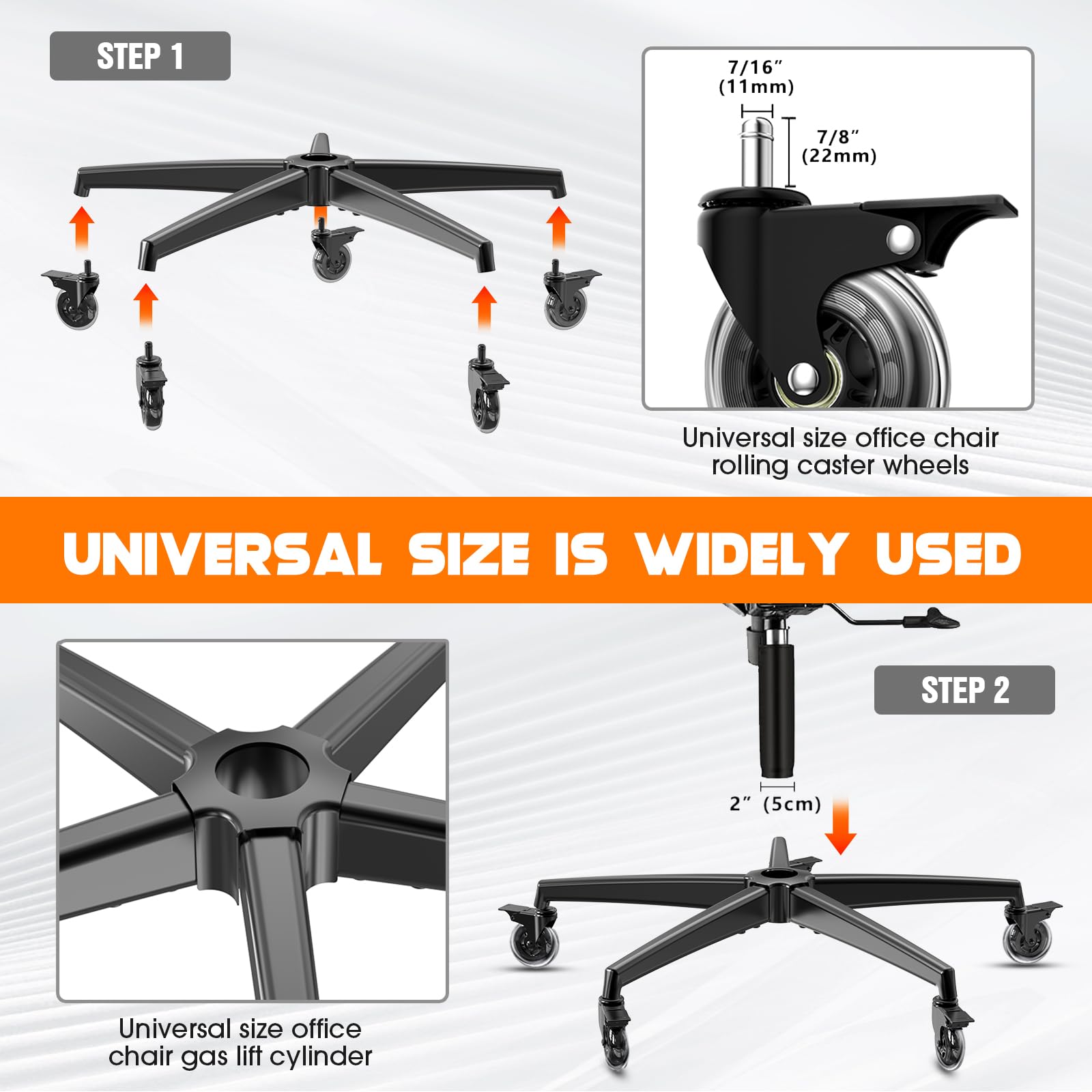 Piezas de repuesto para base de silla de oficina con 5 ruedas con frenos (3300 libras) – Repuesto de base de silla de oficina de aleación pesada, cilindro de gas universal