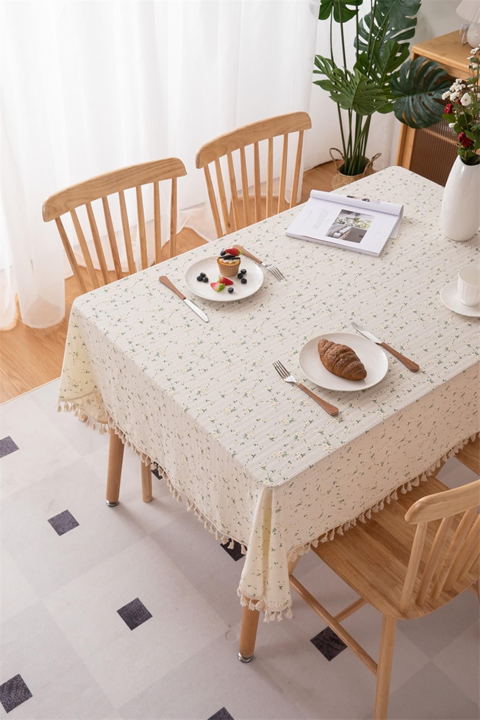 Tovaglia Cotone 140X180, Tovaglia Elegante Matrimonio Beige Verde Fiore Ricamato Copritavolo per Soggiorno Cucina