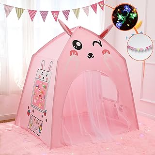 Tienda de Juegos para niños con Luces de Estrella, Tienda de campaña Infantil de Princesa,Tienda de Castillo, Tienda en Forma de Conejo para Interior y Exterior, Juguete de cumpleaños (Conejo Rosa)