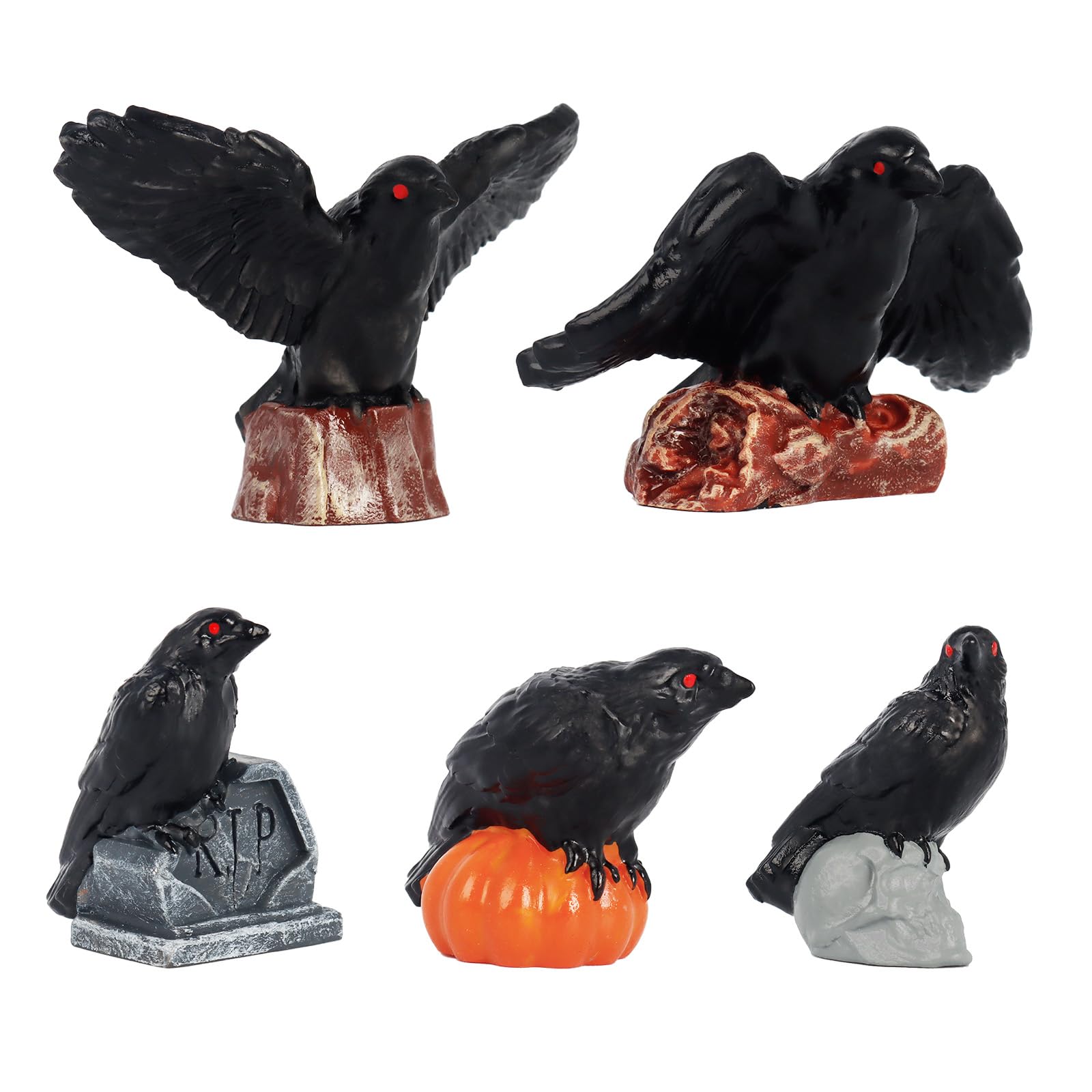 Bbiamsleep 5 Pcs 1.33 Inch Halloween Black Raven Figurines Raven Statue Resin Crow Statue Black Crow Figurine Halloween Mini Figurine for Mini House Halloween Scene Decor